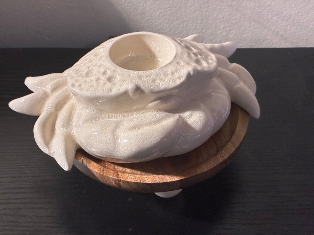 Cream Ceramic Crab Tealight Candle Holder Wood Base Coastal Beach House Decor